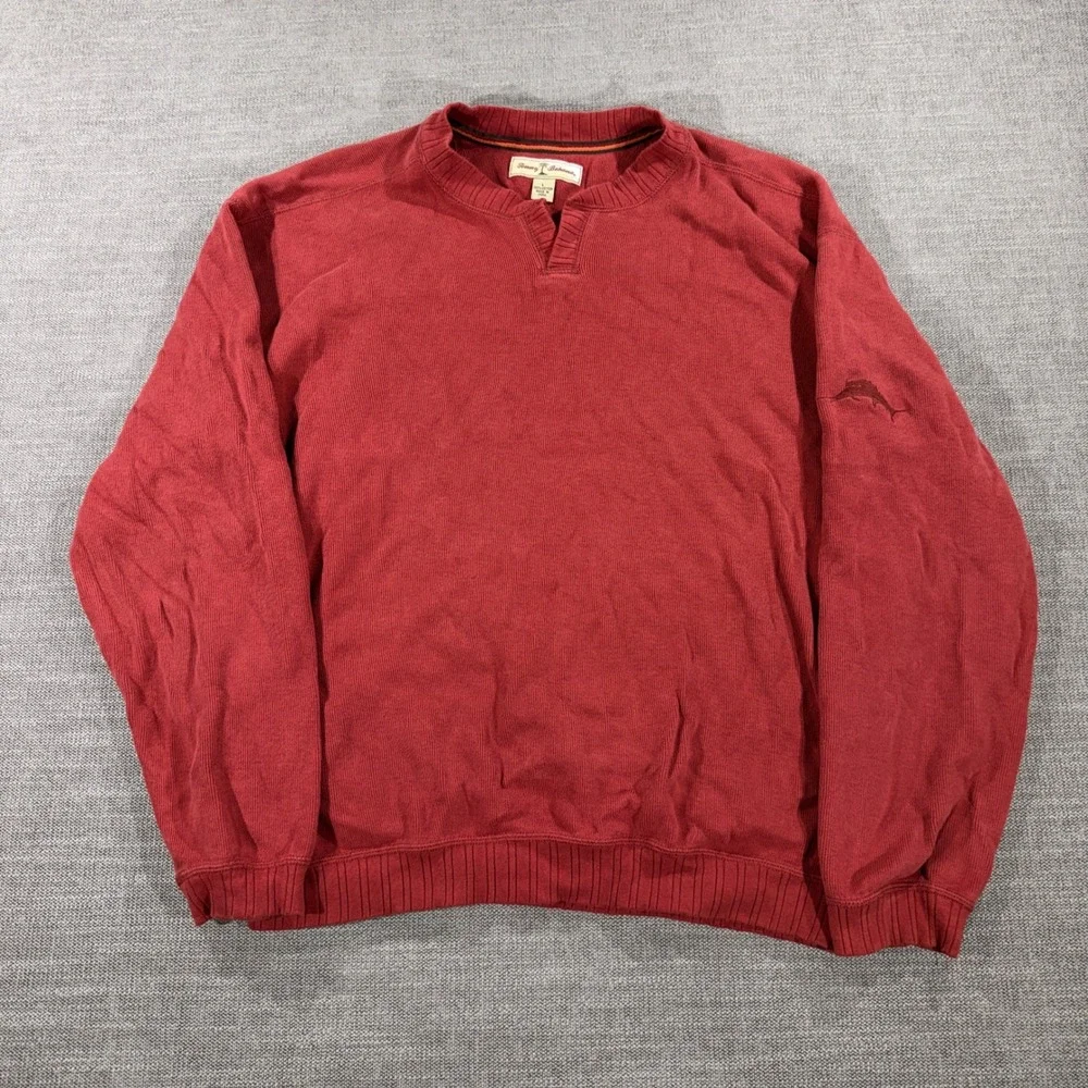 Tommy Bahama Sweater‎ Mens Large Red Excellent Split Neck Cotton Marlin Pullover